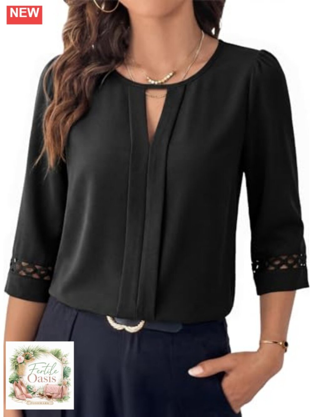 Women's 3/4 Sleeve Blouse Pleated Neck Business Casual Office Top